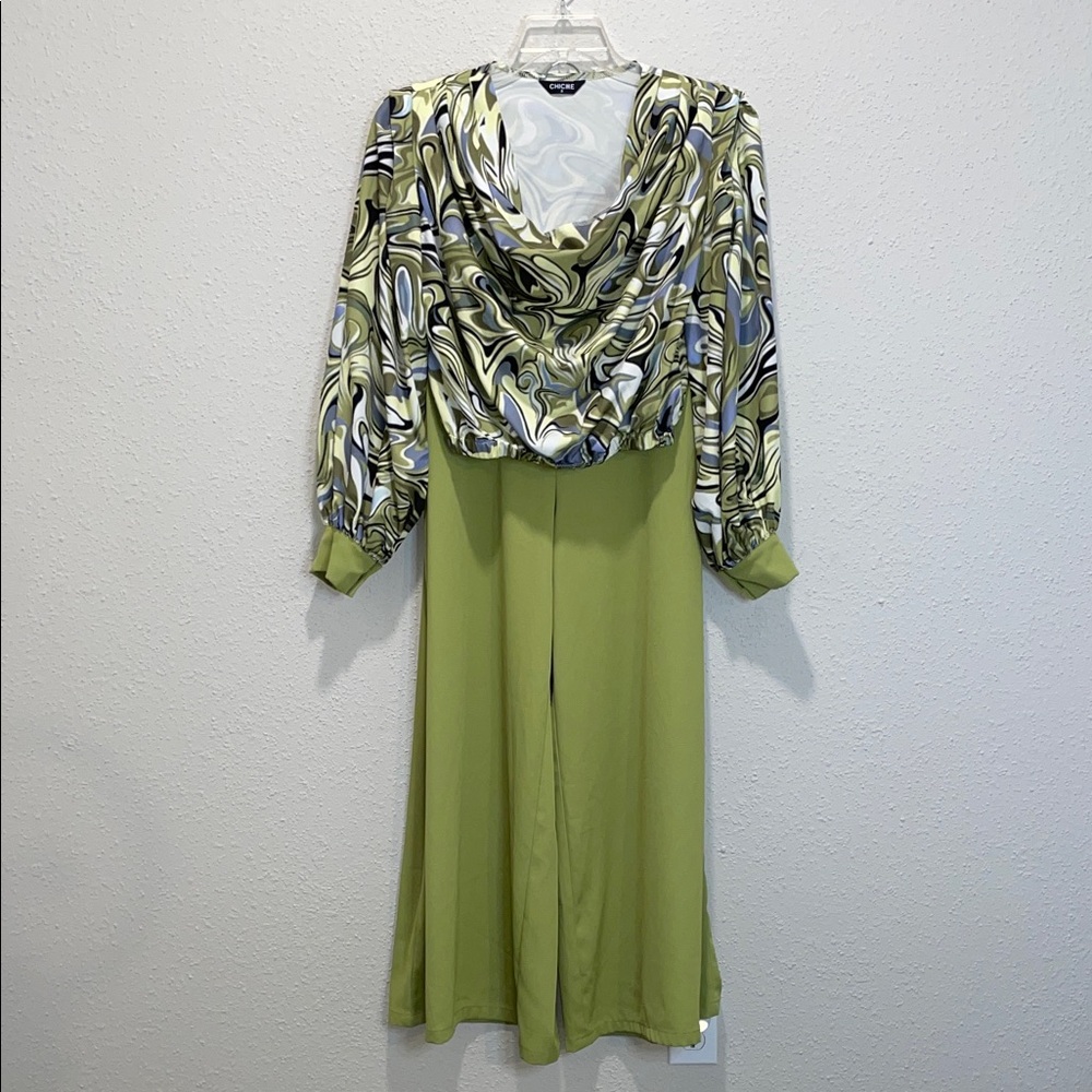 Chic Long Sleeve Swirl Green Top and Wide Leg Pant Set